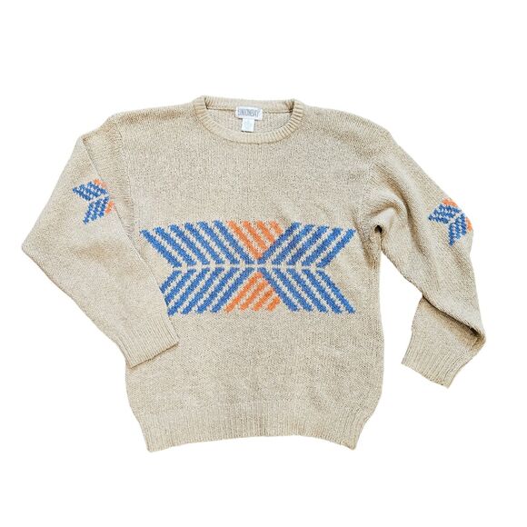 Vtg Geometric Grandpa Sweater Mens S Silk Angora Aztec Beige Y2K Artsy Western - Picture 1 of 9